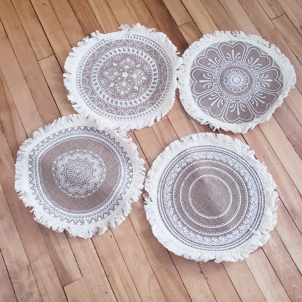 Bohemian NWOT  Fringe Placemats Handmadewoven Jute Burlap - Varying Patterns - 4